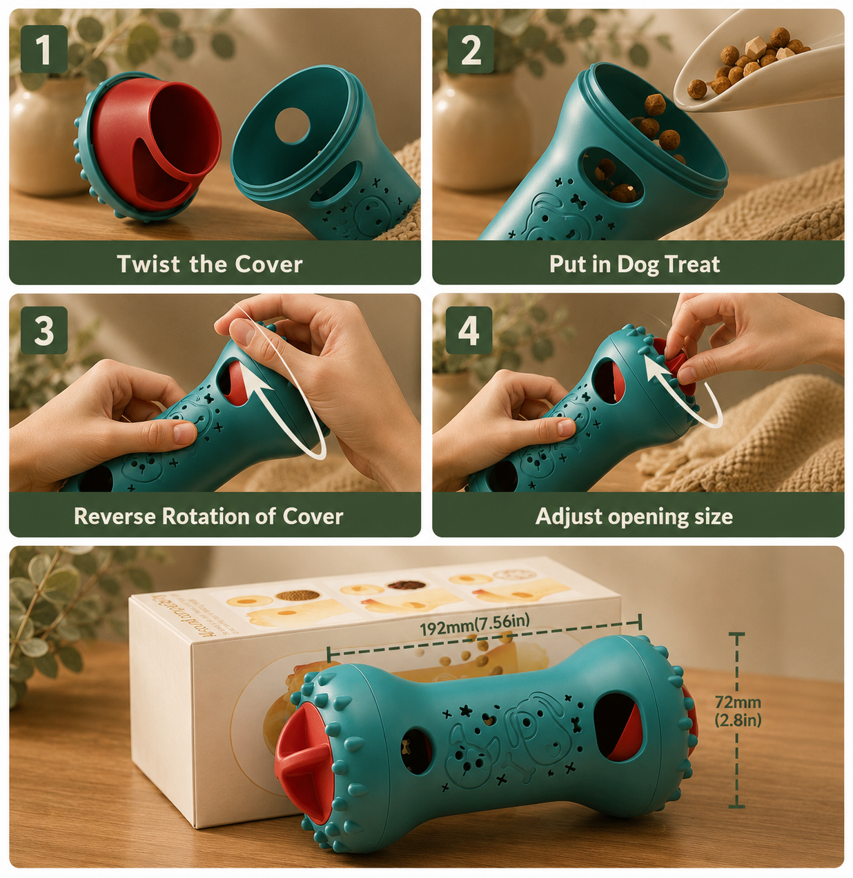 Step-by-step guide to filling and adjusting the Calm Knitly Toy, with product dimensions