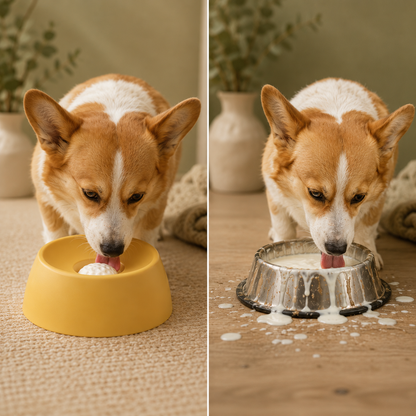 Before and after comparison of a clean Calm Tails bowl versus a messy standard dog bowl