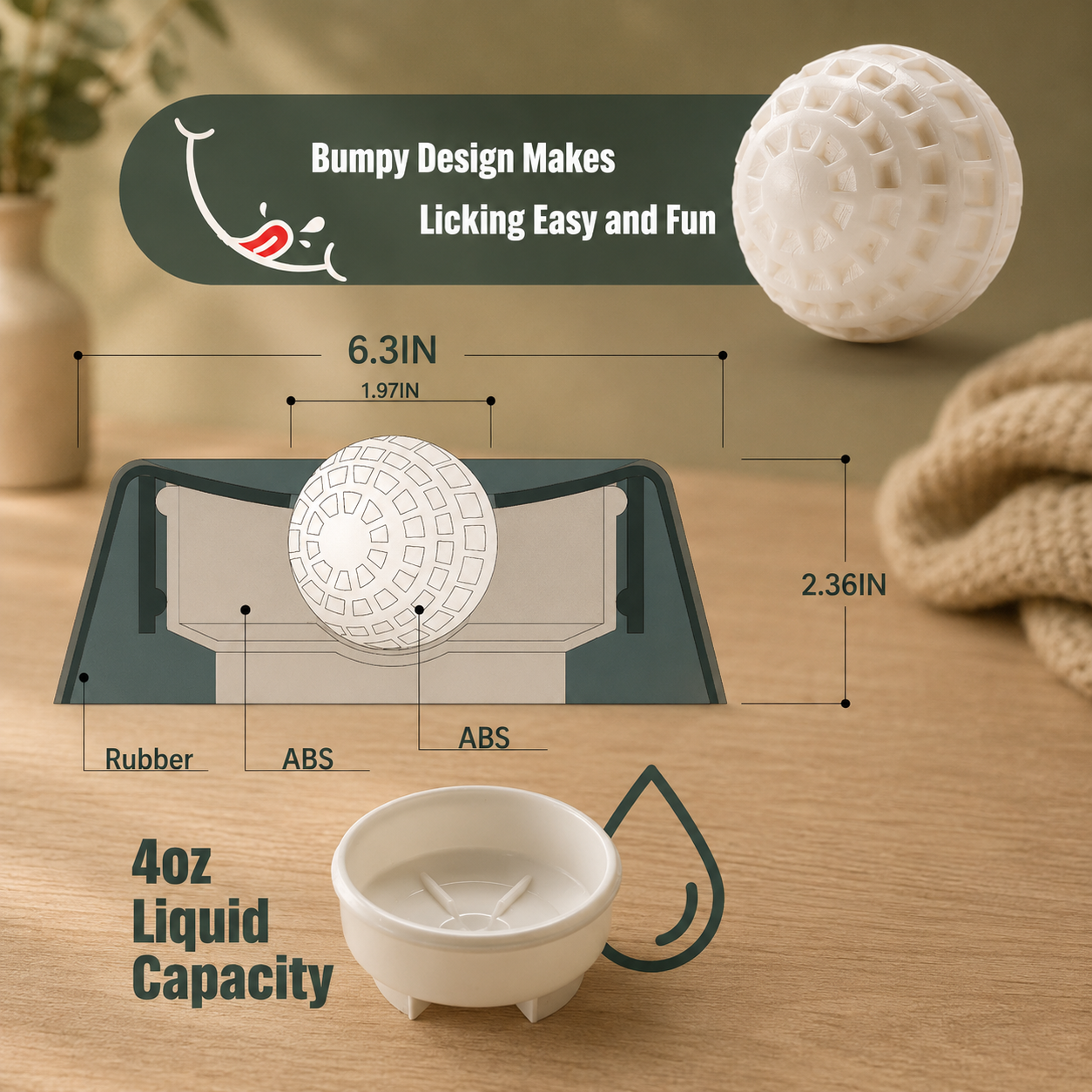 Calm Tails slow feeder dog bowl dimensions, materials and liquid capacity