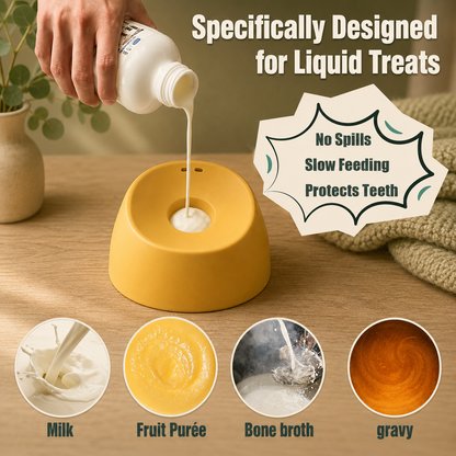 Liquid treat being poured into the Calm Tails slow feeder dog bowl