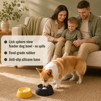 Dog using the Calm Tails slow feeder bowl in a cozy home setting