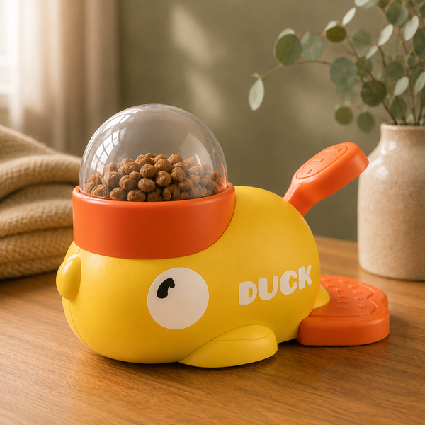 Calm Duck Feeder interactive slow-feeder showing how pressing the tail reduces anxiety, boosts intelligence, and increases engagement