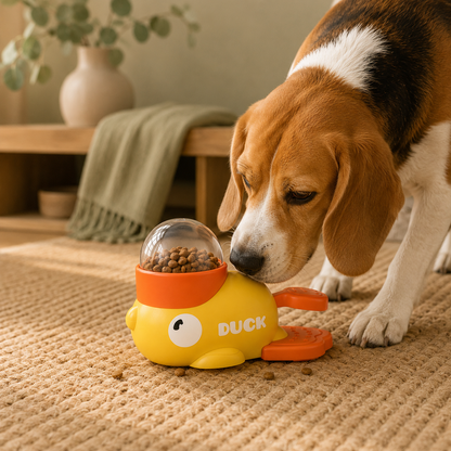 Calm Duck Feeder slow-feeder puzzle toy filled with kibble on a wooden table in a calming home setting