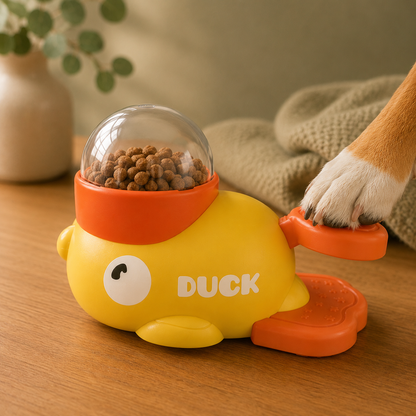 Close-up of the Calm Duck Feeder's clear dome filled with kibble, a calming slow-feeder for dogs