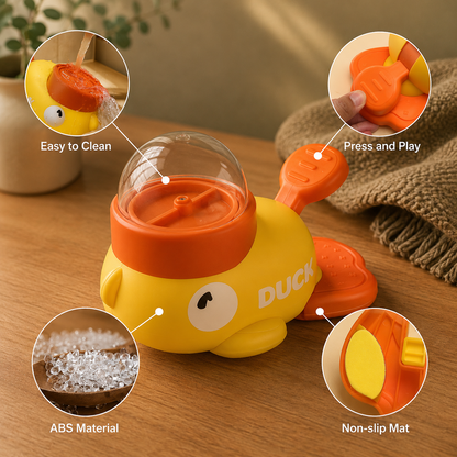 Side view of the Calm Duck Feeder showing the rotating dispensing mechanism inside the clear dome