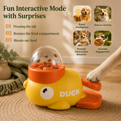 Calm Duck Feeder care details: easy to clean, press-and-play tail, BPA-free ABS material, and non-slip base