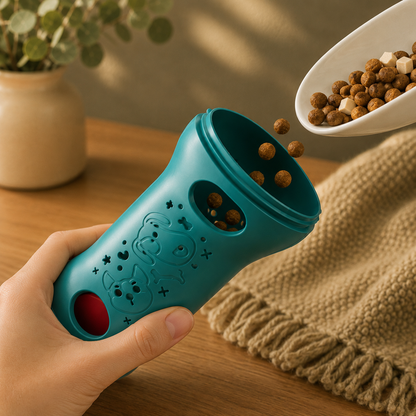 Pouring kibble into the Calm Knitly Toy treat dispenser