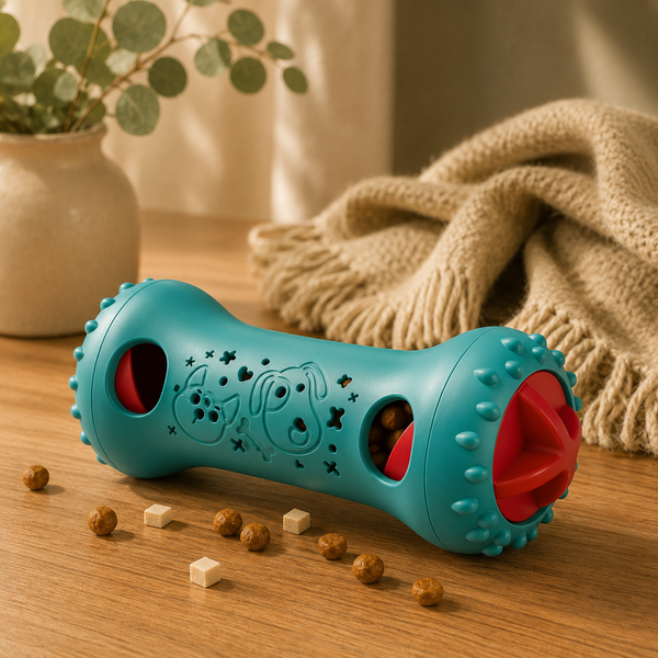 Calm Knitly Toy interactive treat-dispensing toy on a wooden table with kibble scattered nearby