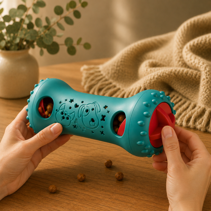 Hands twisting open the Calm Knitly Toy to adjust the treat-dispensing opening