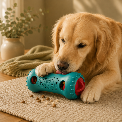 Golden retriever playing with and licking treats from the Calm Knitly Toy
