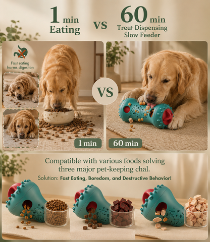 Comparison of 1 minute of fast bowl eating versus 60 minutes of slow treat dispensing with the Calm Knitly Toy