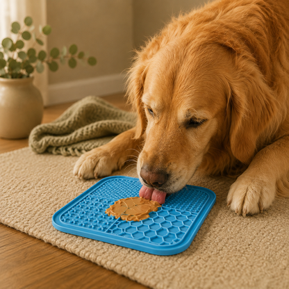 Calm Lick Mat in green and blue, silicone slow feeders with grid and honeycomb textures