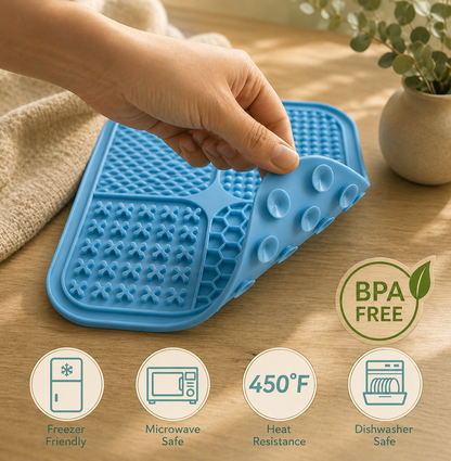 Hand lifting the Calm Lick Mat to show the BPA-free silicone and suction cups underneath