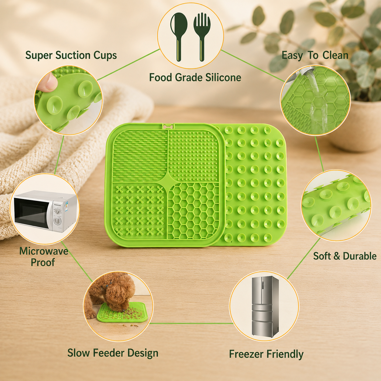 Calm Lick Mat features: suction cups, food-grade silicone, easy to clean, microwave and freezer safe