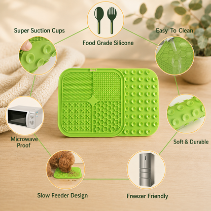 Calm Lick Mat features: suction cups, food-grade silicone, easy to clean, microwave and freezer safe