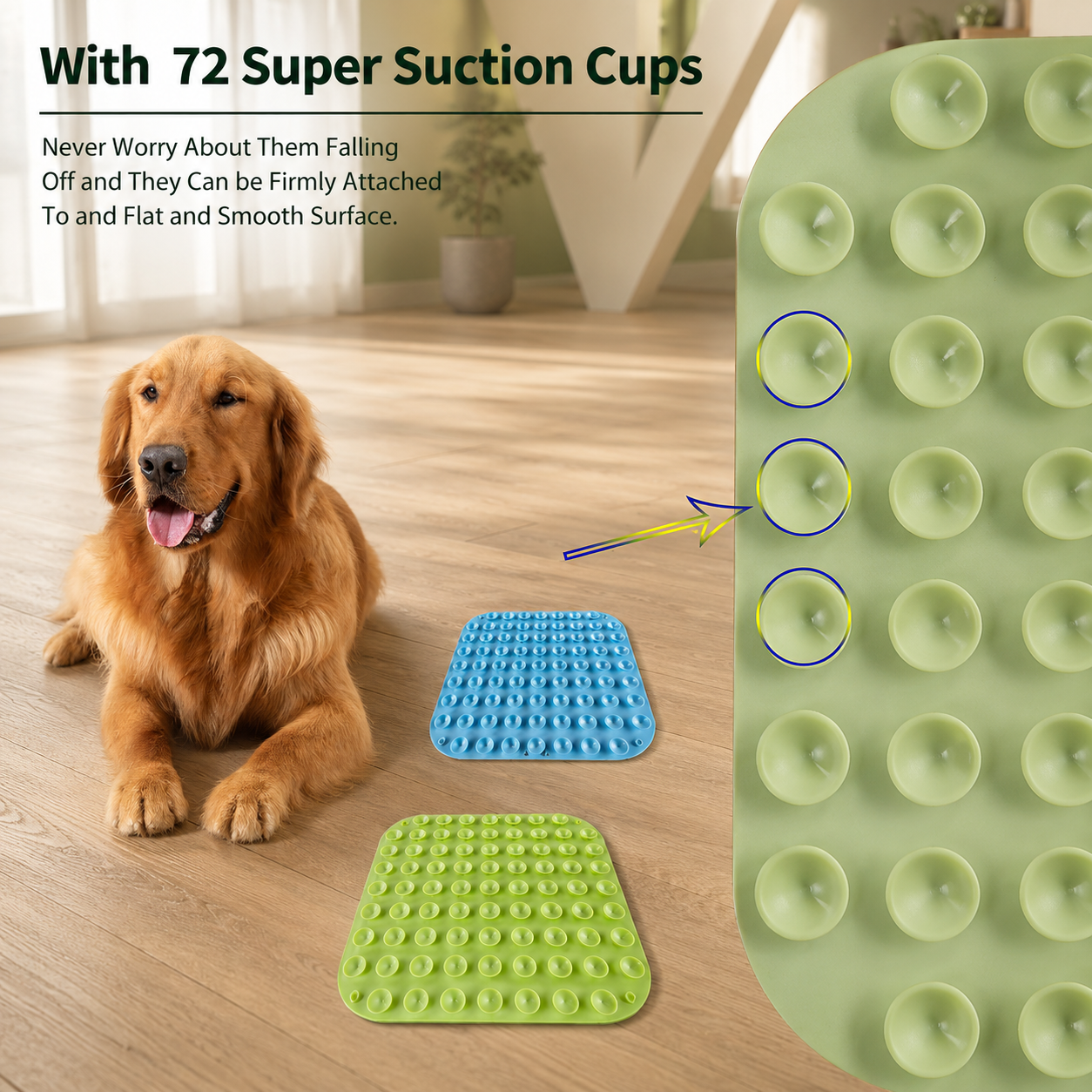 Golden retriever next to the Calm Lick Mat showing the 72 suction cups on the underside