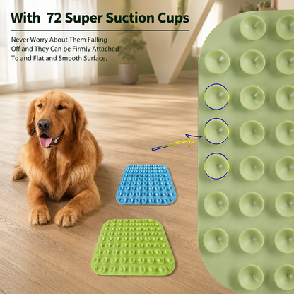 Golden retriever next to the Calm Lick Mat showing the 72 suction cups on the underside