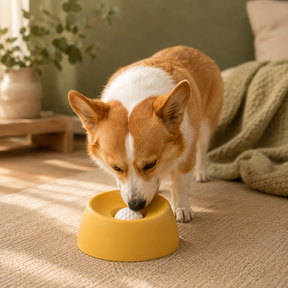 Dog calmly licking the Calm Tails slow feeder bowl at home